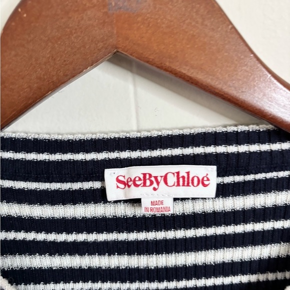 See by Chloe striped navy blue white ruffle knit sweater top size SM - Picture 3 of 7